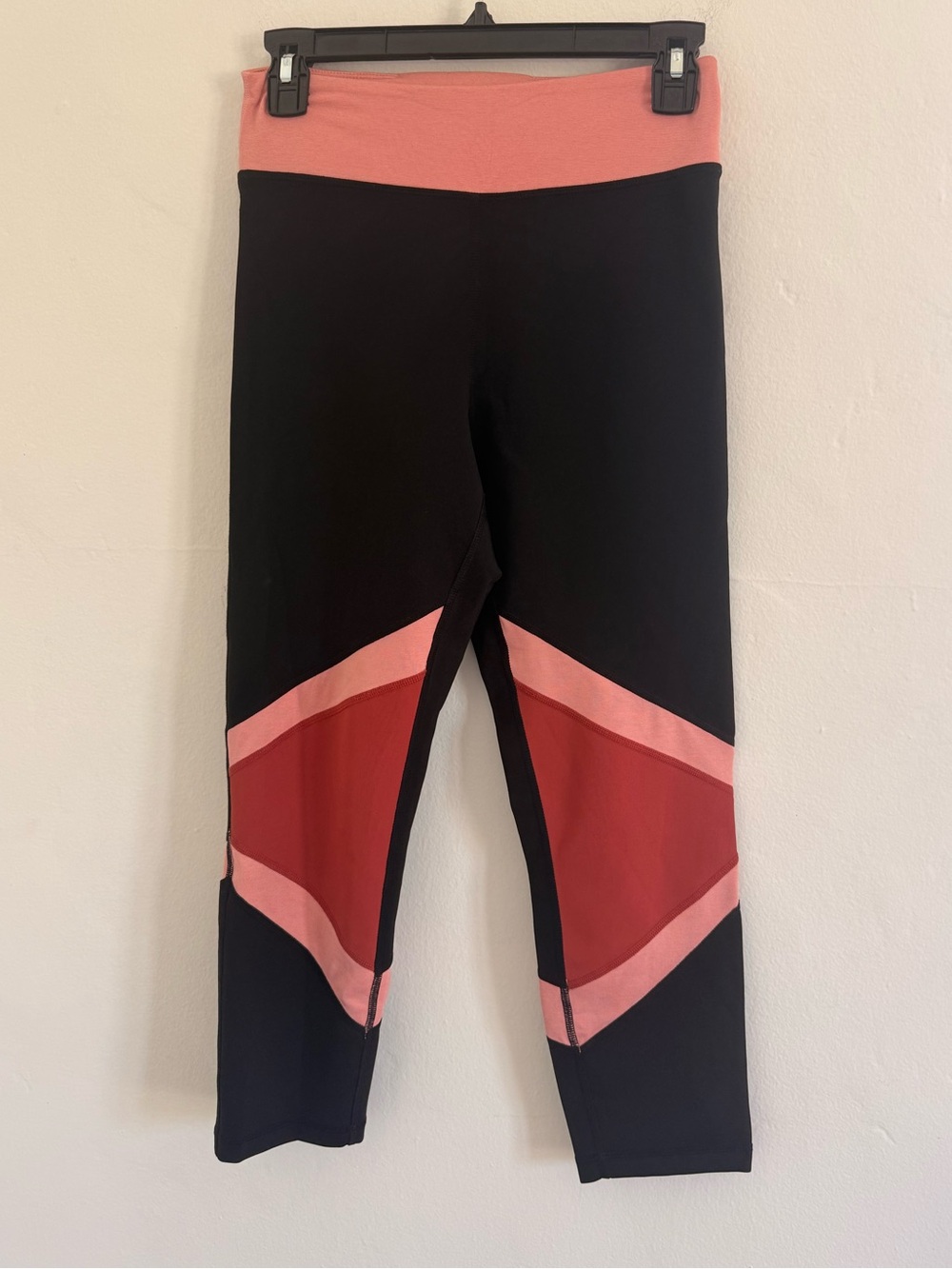 Iris & Ink Black Leggings with Pink Waistband and Red Accent Panels